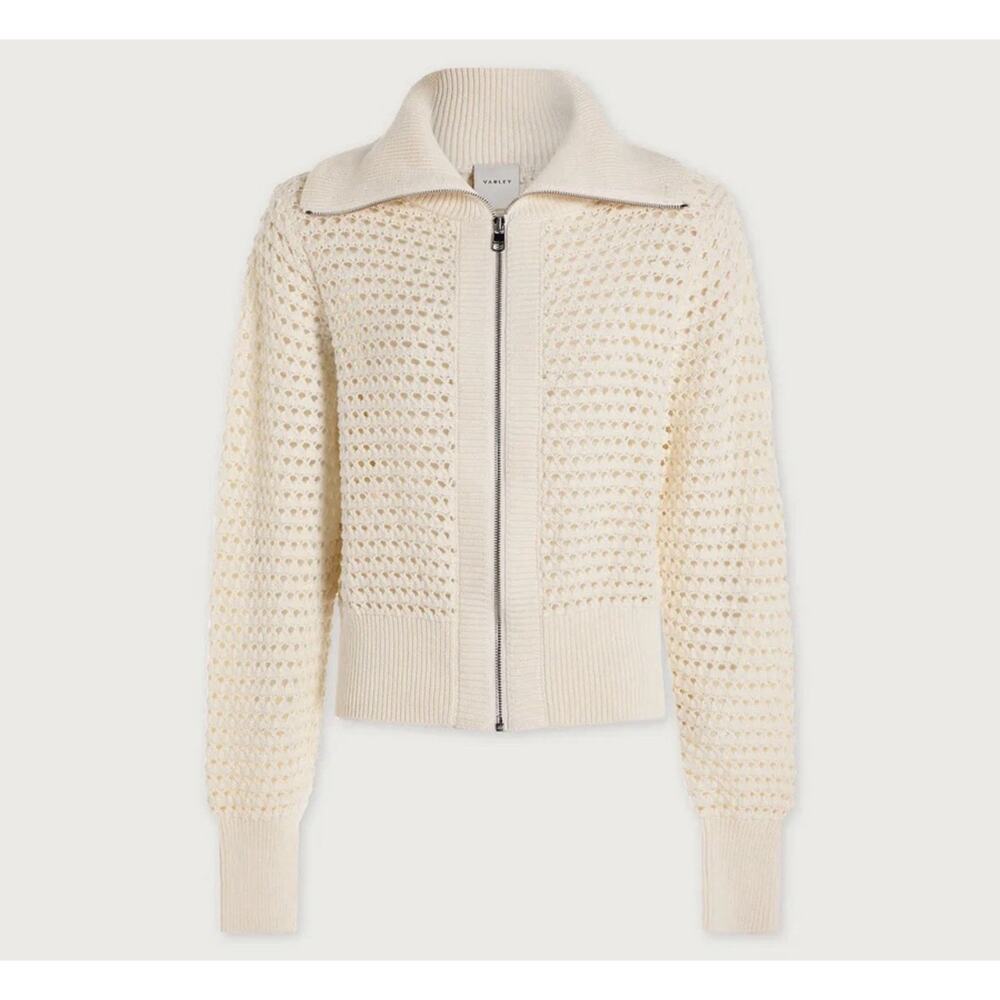 Varley Eloise Zip-Through Knit Sweater Ivory Women’s Size Small Pointelle Cotton